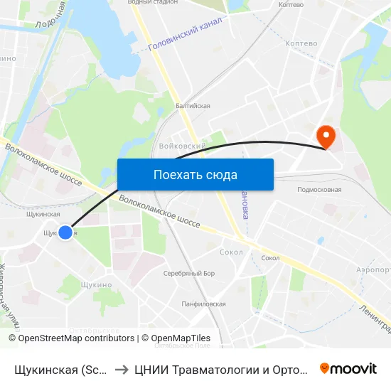 Щукинская (Schukinskaya) to ЦНИИ Травматологии и Ортопедии им. Приорова map