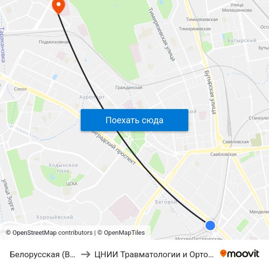 Белорусская (Belorusskaya) to ЦНИИ Травматологии и Ортопедии им. Приорова map