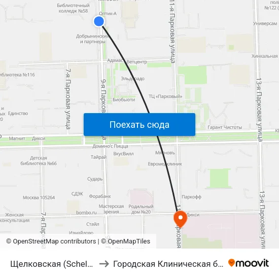 Щелковская (Schelkovskaya) to Городская Клиническая больница 57 map