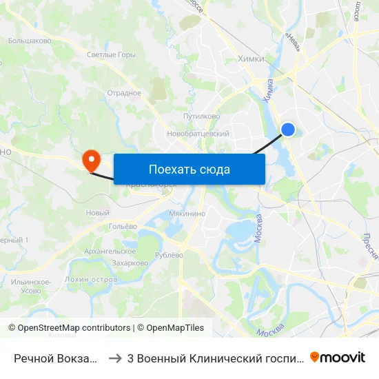 Речной Вокзал (Rechnoy Vokzal) to 3 Военный Клинический госпиталь им. Вишневского, филиал 1 map