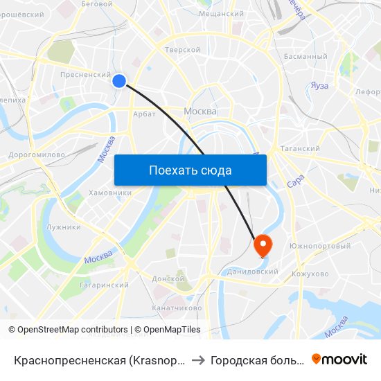 Краснопресненская (Krasnopresnenskaya) to Городская больница 56 map