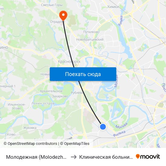 Молодежная (Molodezhnaya) to Клиническая больница 1 map