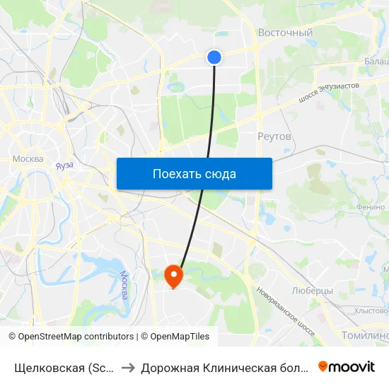 Щелковская (Schelkovskaya) to Дорожная Клиническая больница им. Семашко map