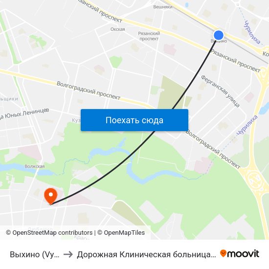 Выхино (Vykhino) to Дорожная Клиническая больница им. Семашко map