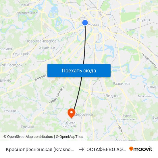 Краснопресненская (Krasnopresnenskaya) to ОСТАФЬЕВО АЭРОПОРТ map