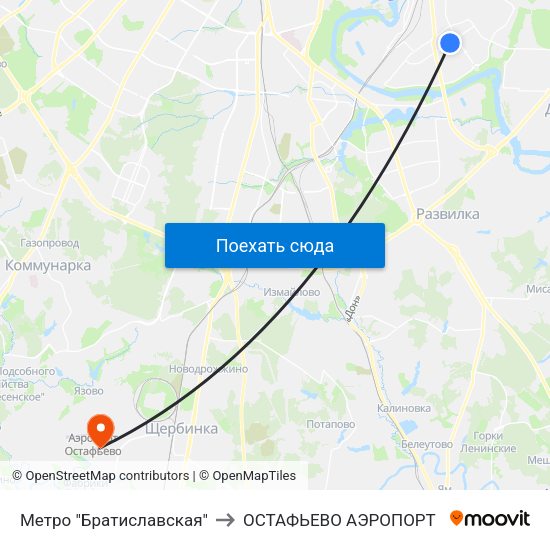Метро "Братиславская" to ОСТАФЬЕВО АЭРОПОРТ map