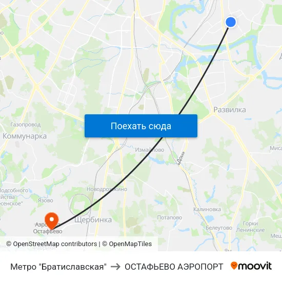 Метро "Братиславская" to ОСТАФЬЕВО АЭРОПОРТ map