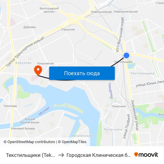 Текстильщики (Tekstilschiki) to Городская Клиническая больница 53 map