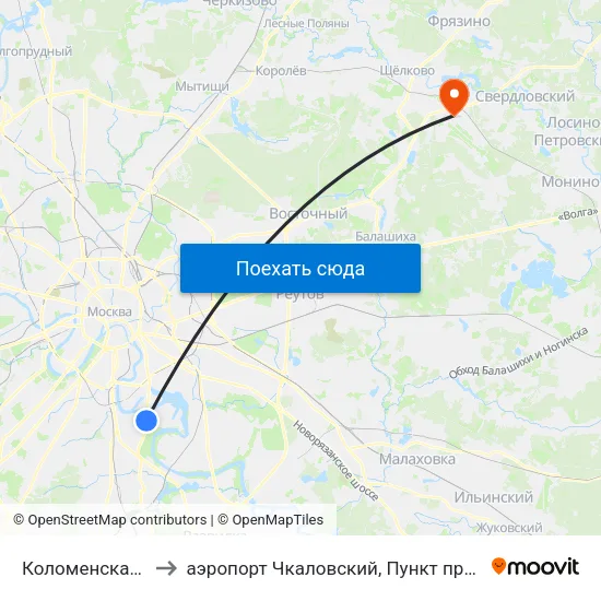 Коломенская (Kolomenskaya) to аэропорт Чкаловский, Пункт прилёта-вылета аэропорта Чкаловский map