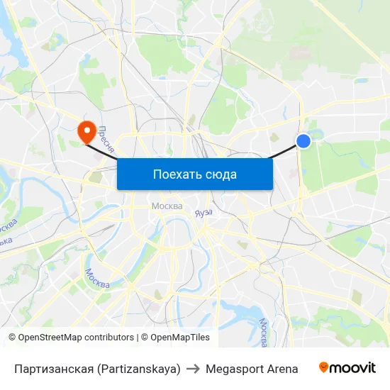 Партизанская (Partizanskaya) to Megasport Arena map