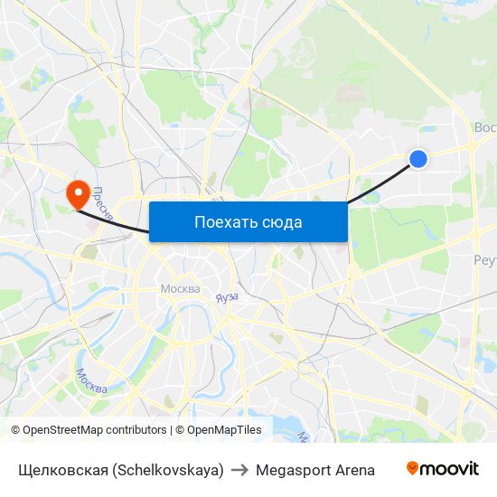 Щелковская (Schelkovskaya) to Megasport Arena map