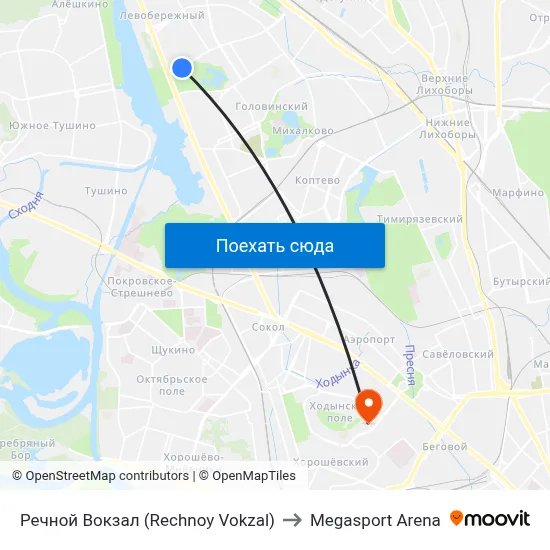 Речной Вокзал (Rechnoy Vokzal) to Megasport Arena map