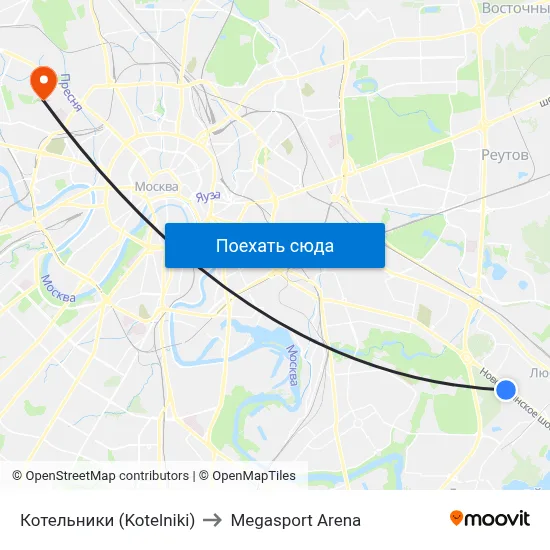 Котельники (Kotelniki) to Megasport Arena map