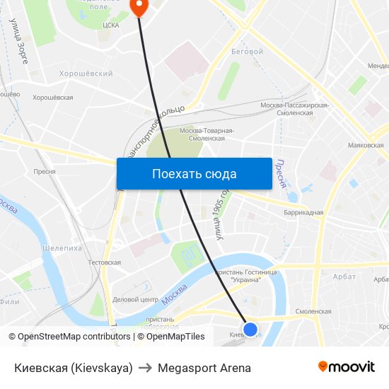 Киевская (Kievskaya) to Megasport Arena map