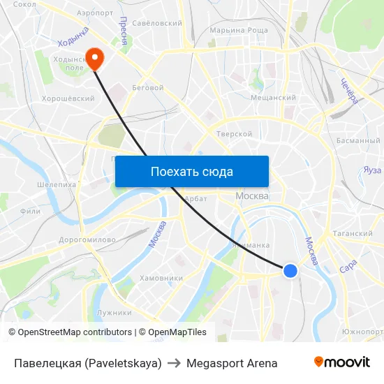 Павелецкая (Paveletskaya) to Megasport Arena map