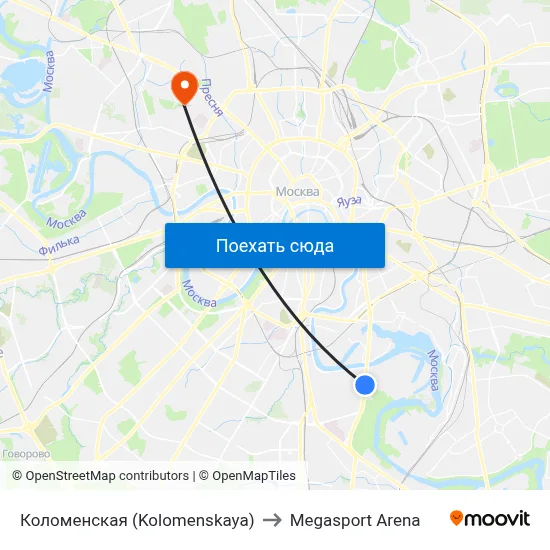 Коломенская (Kolomenskaya) to Megasport Arena map