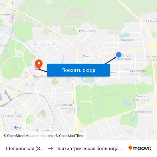 Щелковская (Schelkovskaya) to Психиатрическая больница №4 имени Ганнушкина map
