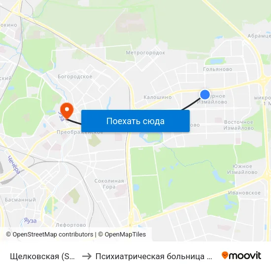 Щелковская (Schelkovskaya) to Психиатрическая больница №4 имени Ганнушкина map