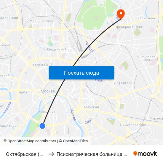 Октябрьская (Oktyabrskaya) to Психиатрическая больница №4 имени Ганнушкина map