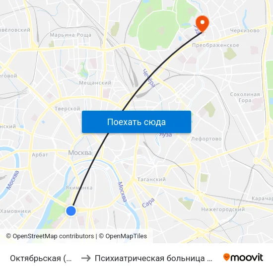 Октябрьская (Oktyabrskaya) to Психиатрическая больница №4 имени Ганнушкина map