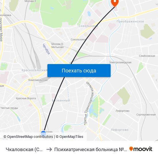 Чкаловская (Chkalovskaya) to Психиатрическая больница №4 имени Ганнушкина map