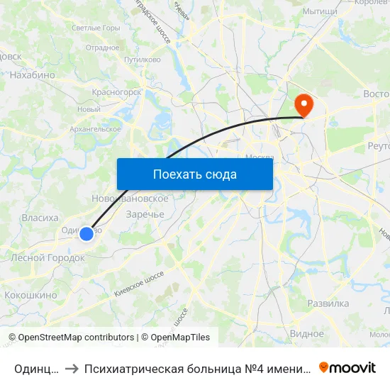 Одинцово to Психиатрическая больница №4 имени Ганнушкина map