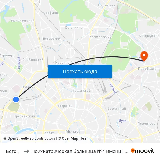 Беговая to Психиатрическая больница №4 имени Ганнушкина map