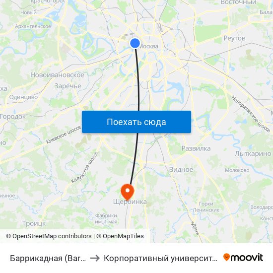 Баррикадная (Barrikadnaya) to Корпоративный университет ОАО ""РЖД"" map