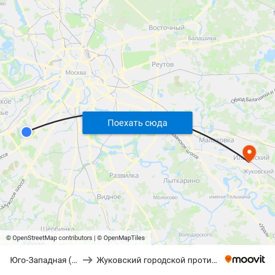 Юго-Западная (Yugo-Zapadnaya) to Жуковский городской противотуберкулезный диспансер map
