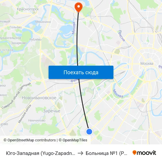 Юго-Западная (Yugo-Zapadnaya) to Больница №1 (РЖД) map