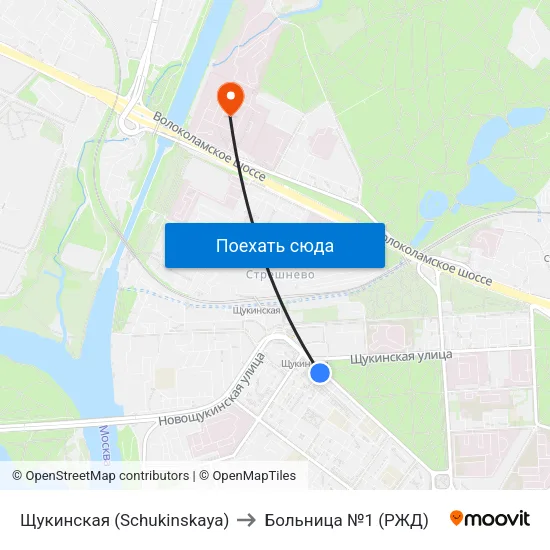 Щукинская (Schukinskaya) to Больница №1 (РЖД) map