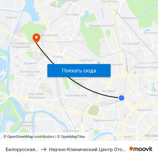 Белорусская (Belorusskaya) to Научно-Клинический Центр Оториноларингологии Фмба России map