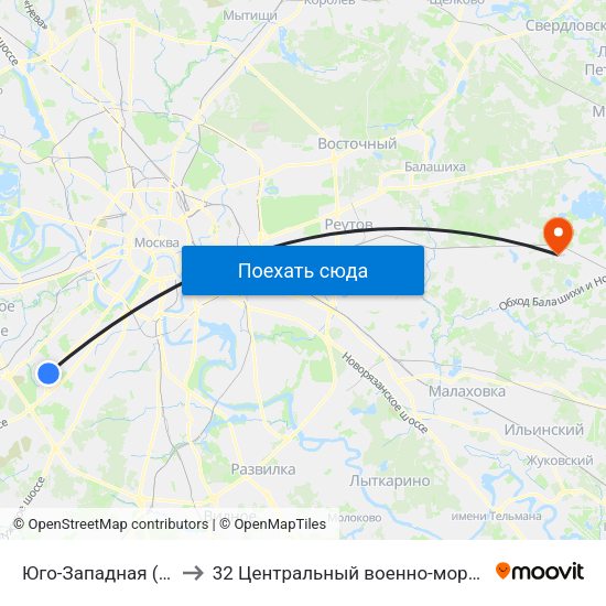 Юго-Западная (Yugo-Zapadnaya) to 32 Центральный военно-морской клинический госпиталь map