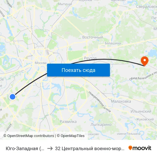 Юго-Западная (Yugo-Zapadnaya) to 32 Центральный военно-морской клинический госпиталь map