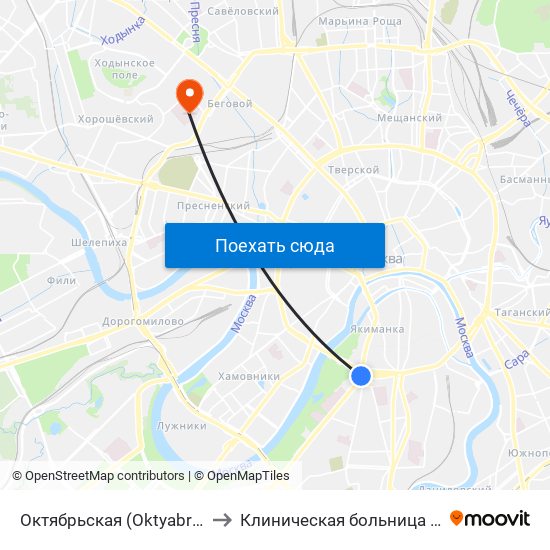 Октябрьская (Oktyabrskaya) to Клиническая больница Медси map