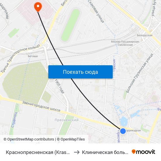 Краснопресненская (Krasnopresnenskaya) to Клиническая больница Медси map