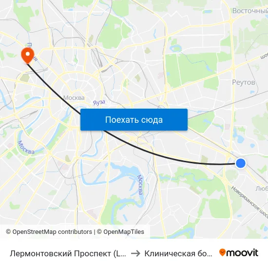Лермонтовский Проспект (Lermontovsky Prospekt) to Клиническая больница Медси map