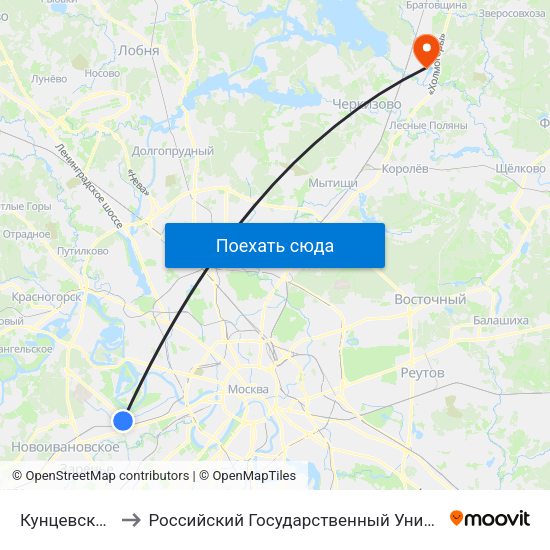Кунцевская (Kuntsevskaya) to Российский Государственный Университет Туризма и Сервиса Колледж г. Пушкино map