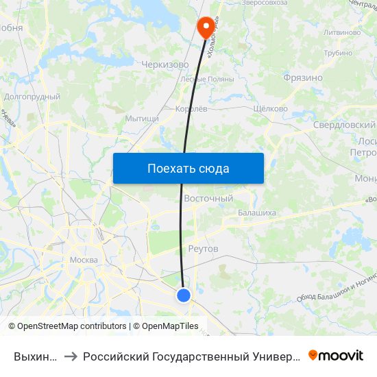 Выхино (Vykhino) to Российский Государственный Университет Туризма и Сервиса Колледж г. Пушкино map