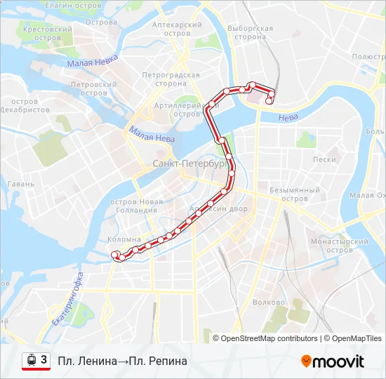 Трамвай 3: карта маршрута