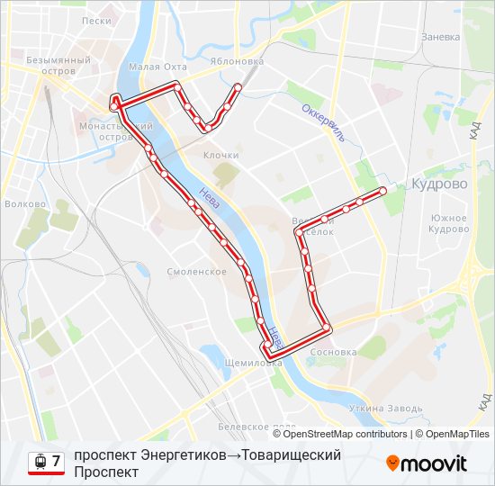 Трамвай 7: карта маршрута