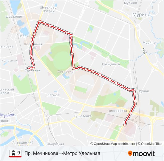 Трамвай 9: карта маршрута