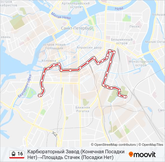 Трамвай 16: карта маршрута