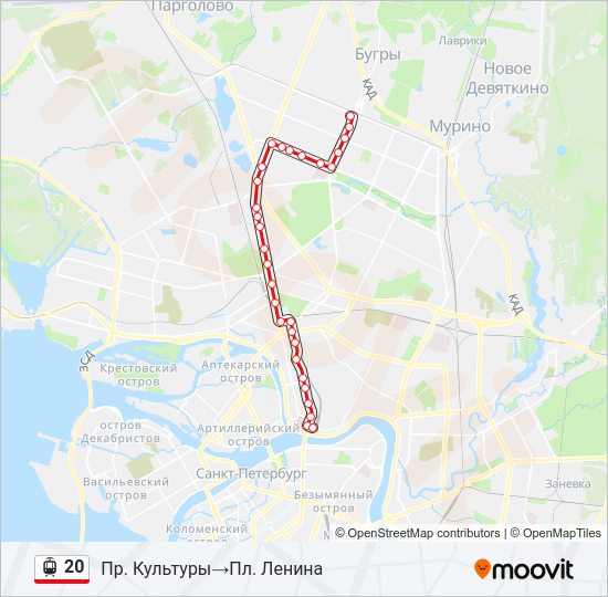 Трамвай 20: карта маршрута