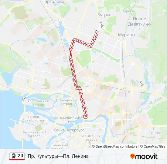 Трамвай 20: карта маршрута