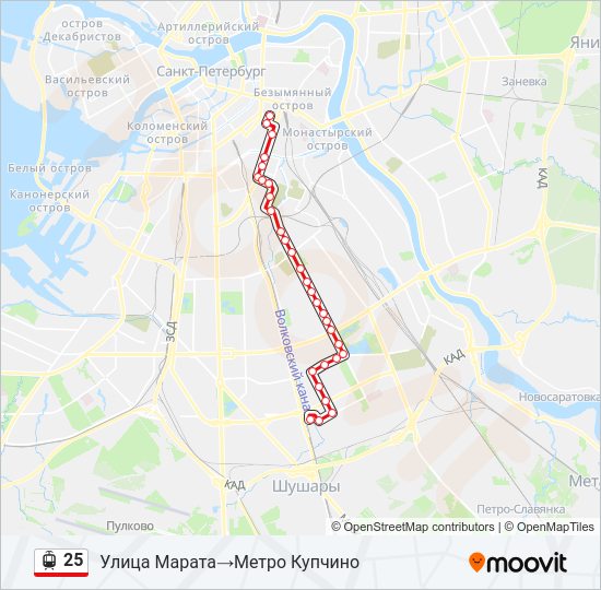 Трамвай 25: карта маршрута