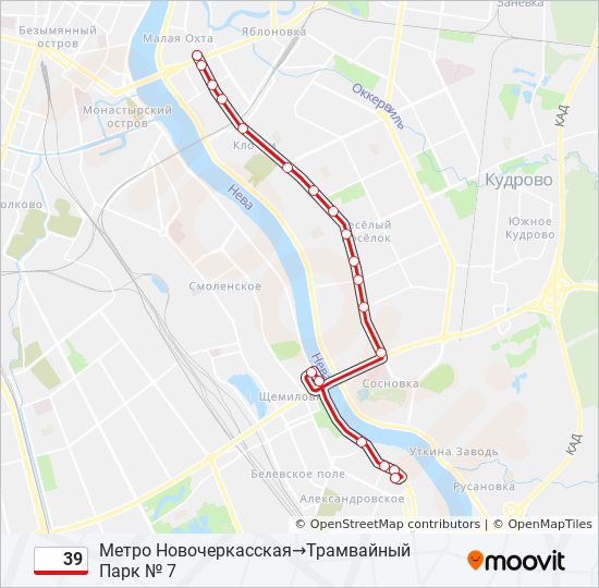 Маршрут автобуса 39 на карте Санкт-Петербурга