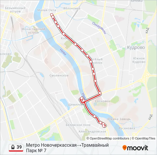 Трамвай 39: карта маршрута