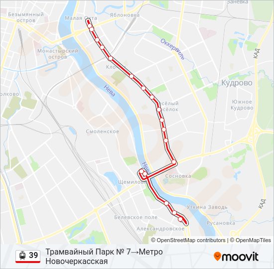 Трамвай 39: карта маршрута