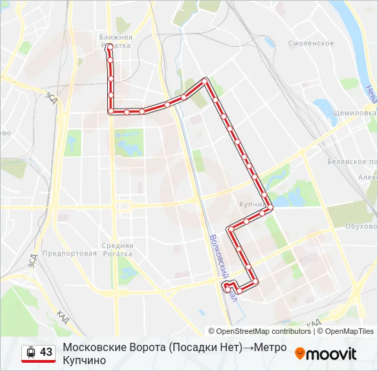 Трамвай 43: карта маршрута